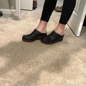 Never worn cork platform clogs. Black leather size 10